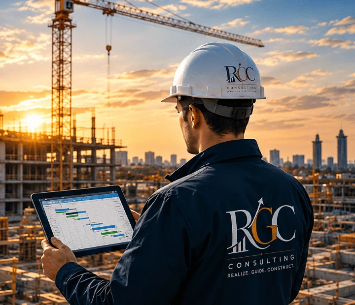 RGC project manager reviewing a construction schedule on an Edmonton job site